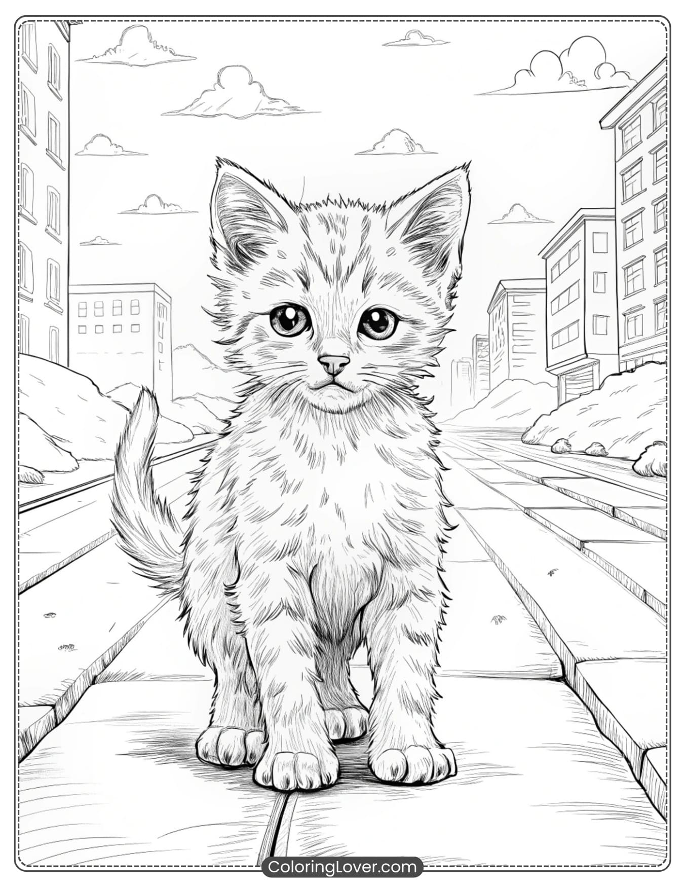 A nervous kitten walking alone on the street