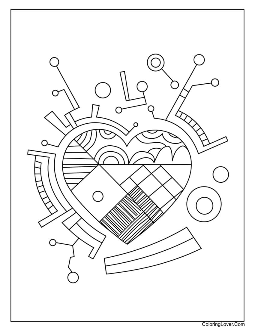 Abstract heart with geometric patterns and shapes coloring page