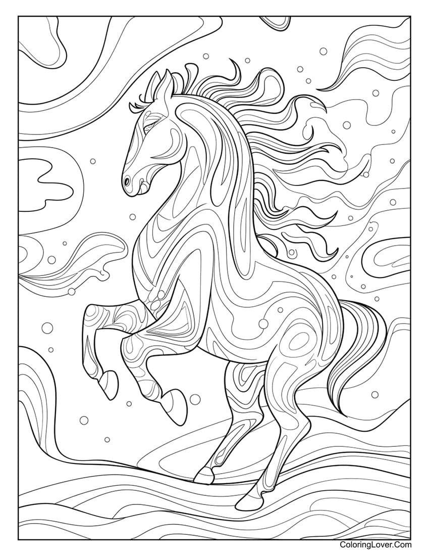 Abstract wavy background horse coloring page