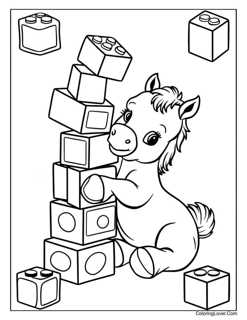 Baby horse playing with blocks coloring page