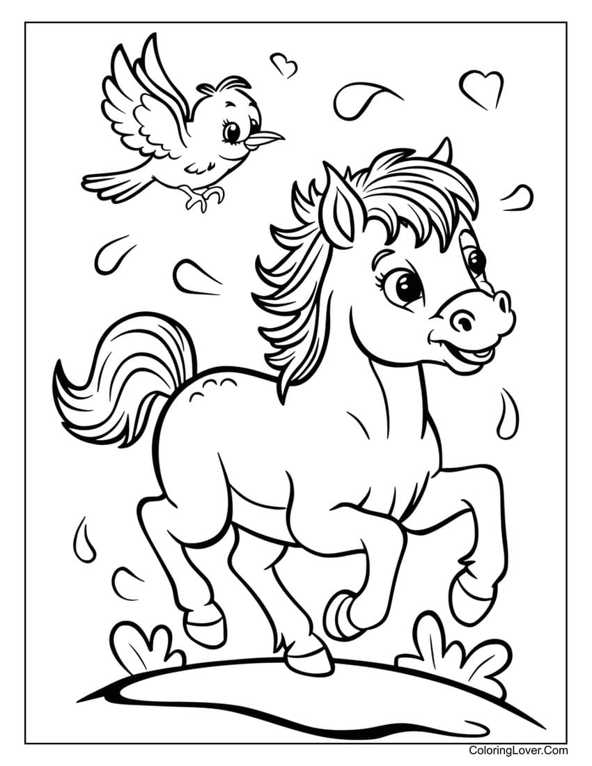 Baby horse running with bird coloring page