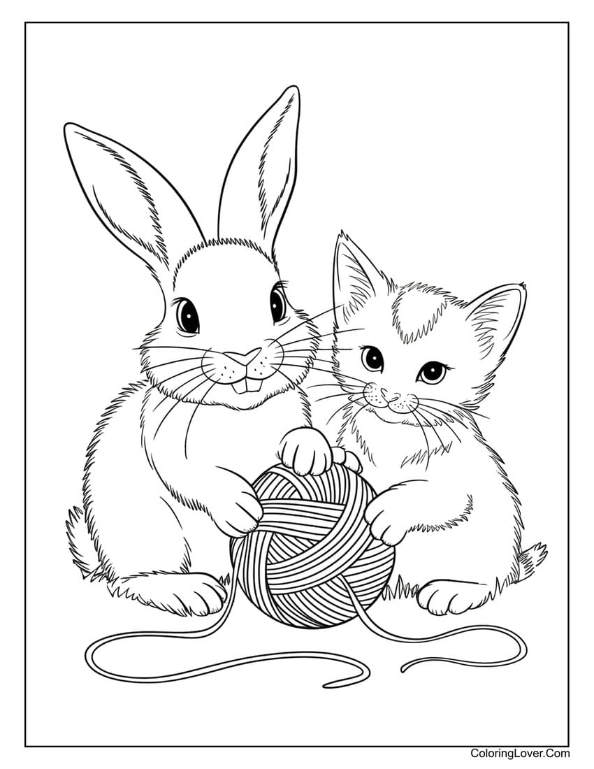 Bunny and kitten playing with yarn coloring page