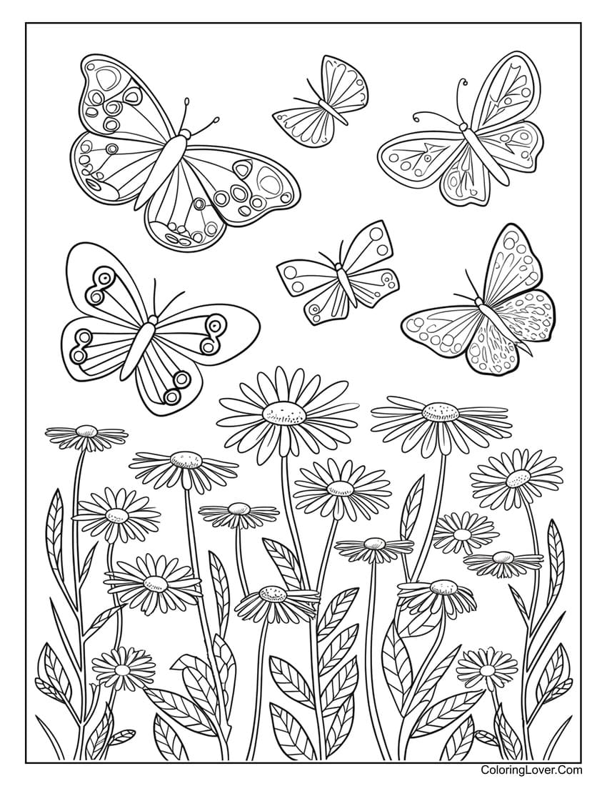 Butterflies and daisy flowers coloring page