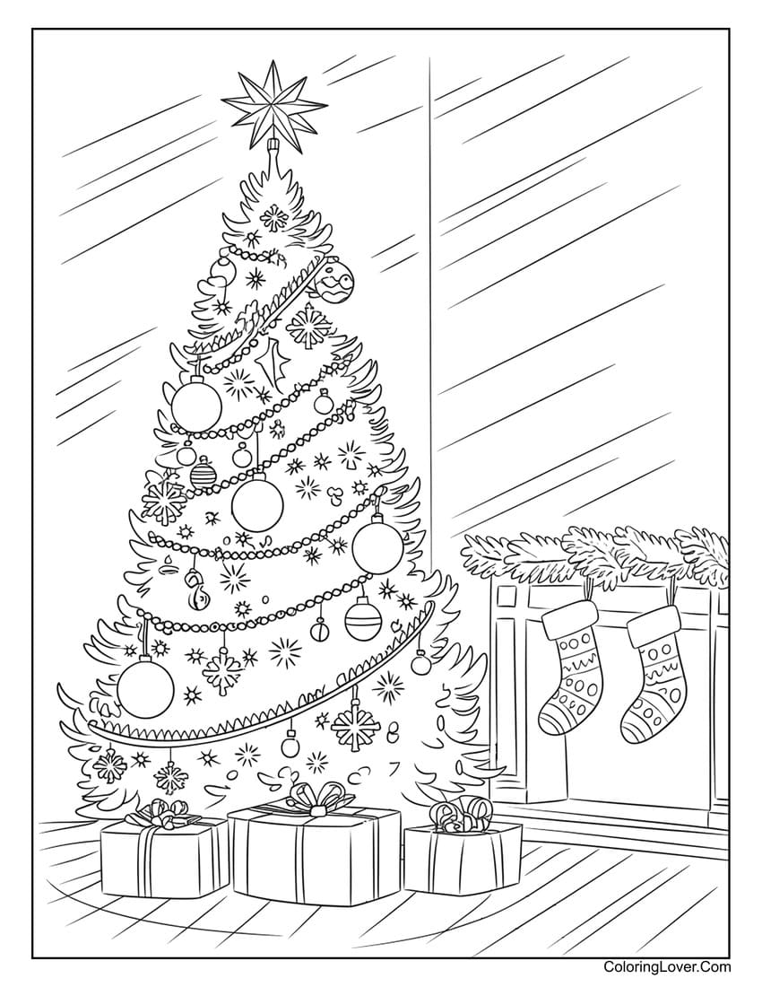 Christmas tree by fireplace coloring page