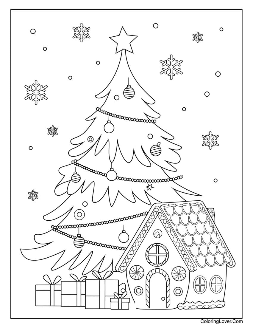 Christmas tree with gingerbread house coloring sheet