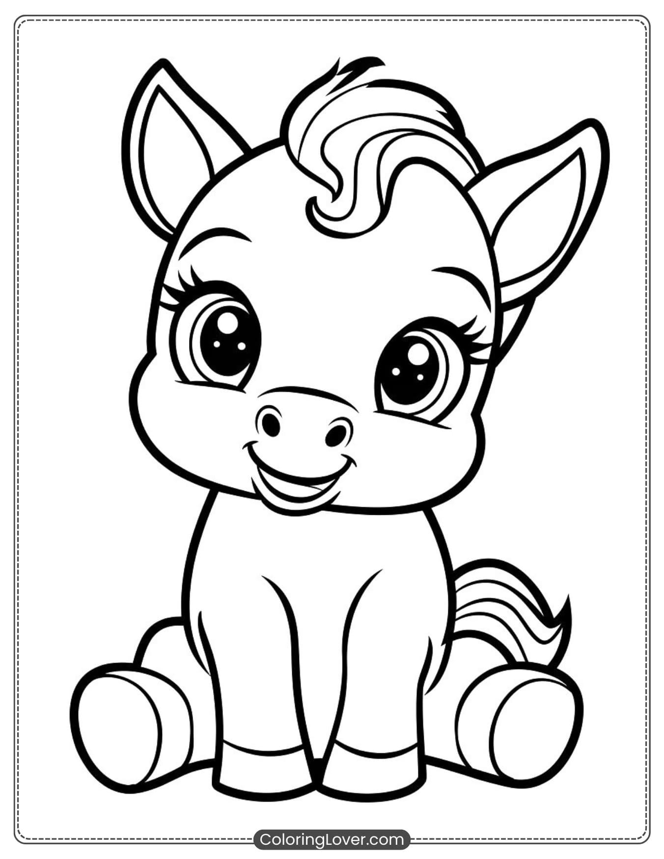 Coloring page of a cute baby horse sitting