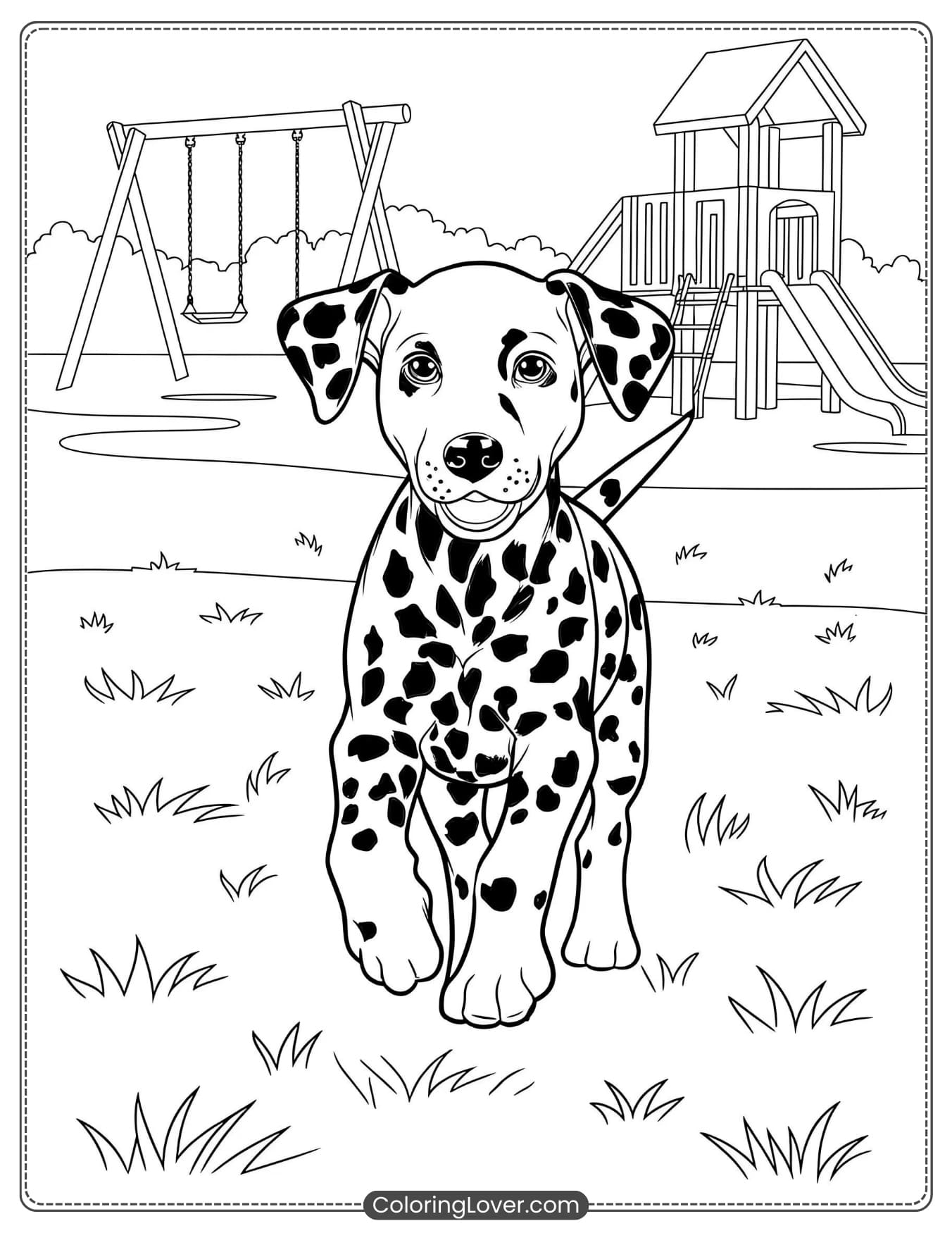 Dalmatian puppy running in a playground coloring sheet
