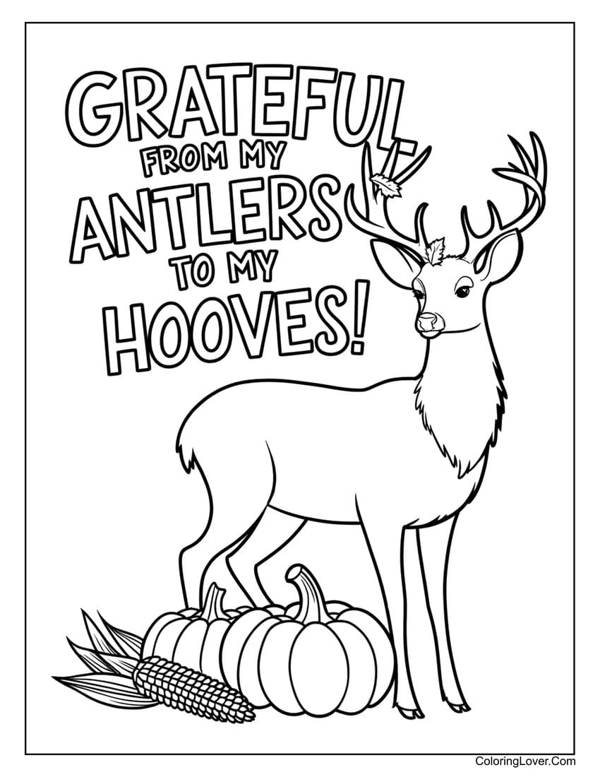 Deer standing with pumpkins and corn coloring page