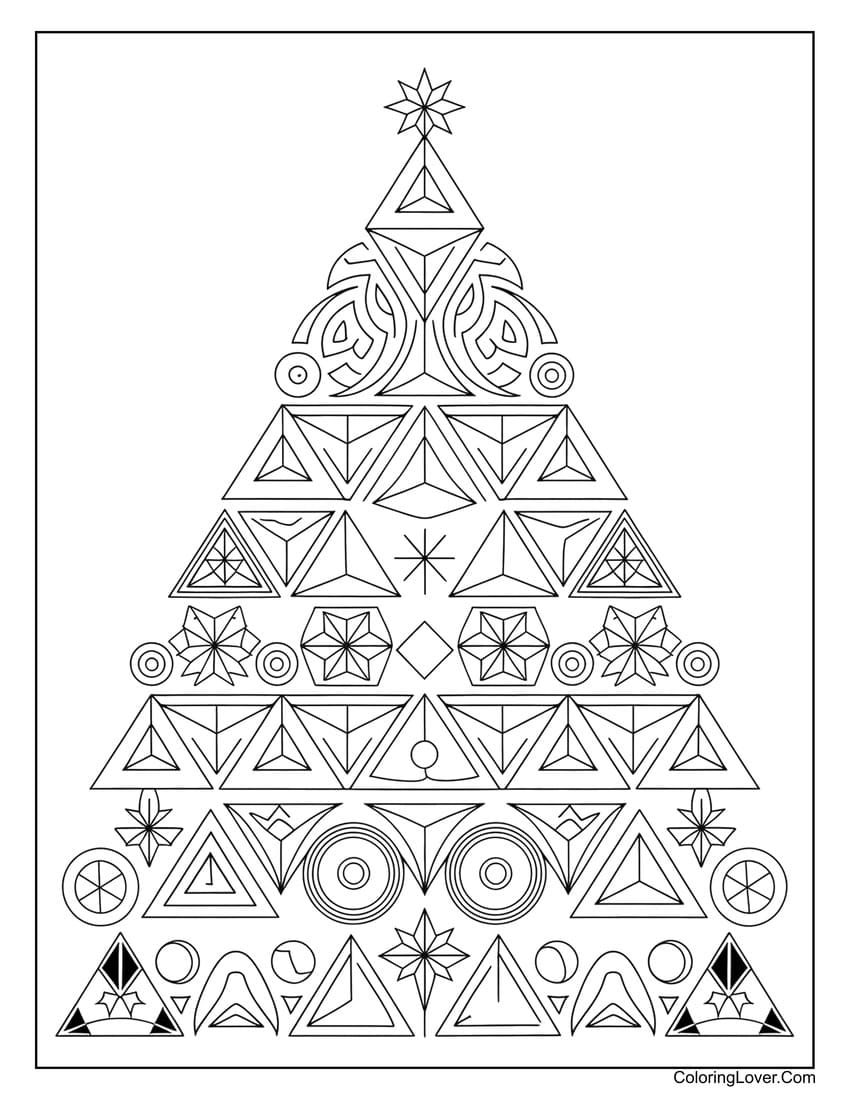 Detailed geometric Christmas tree coloring page