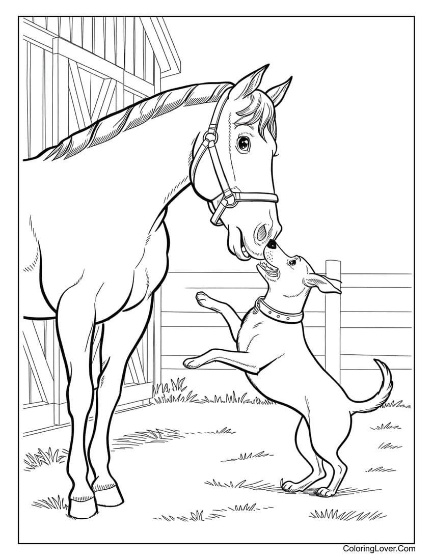 Puppy and horse in barn coloring page