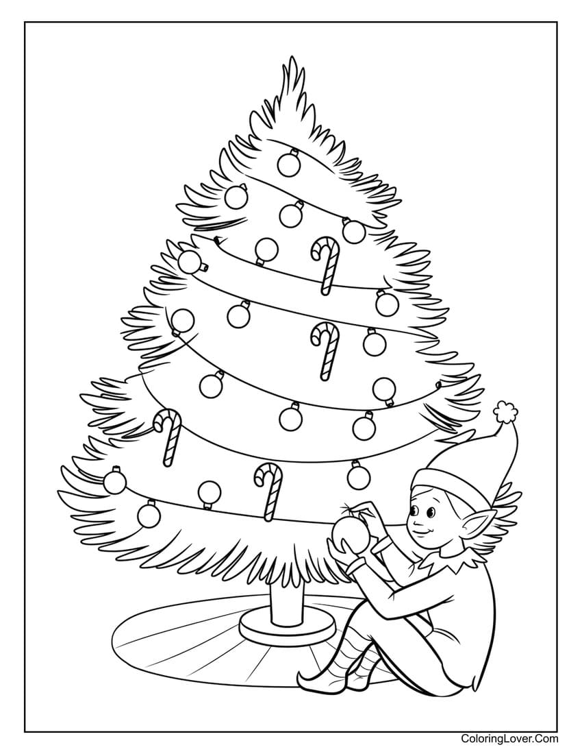 Elf decorating Christmas tree coloring page