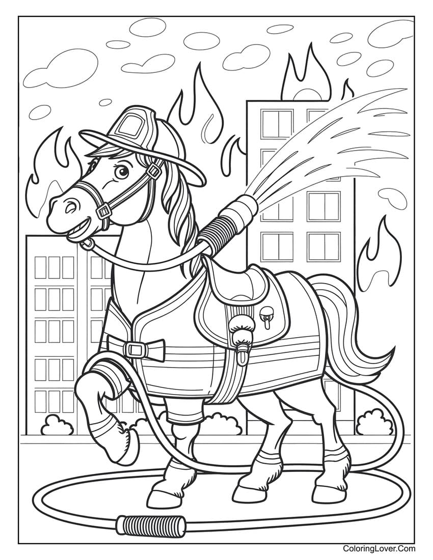 Firefighter horse putting out fire coloring page