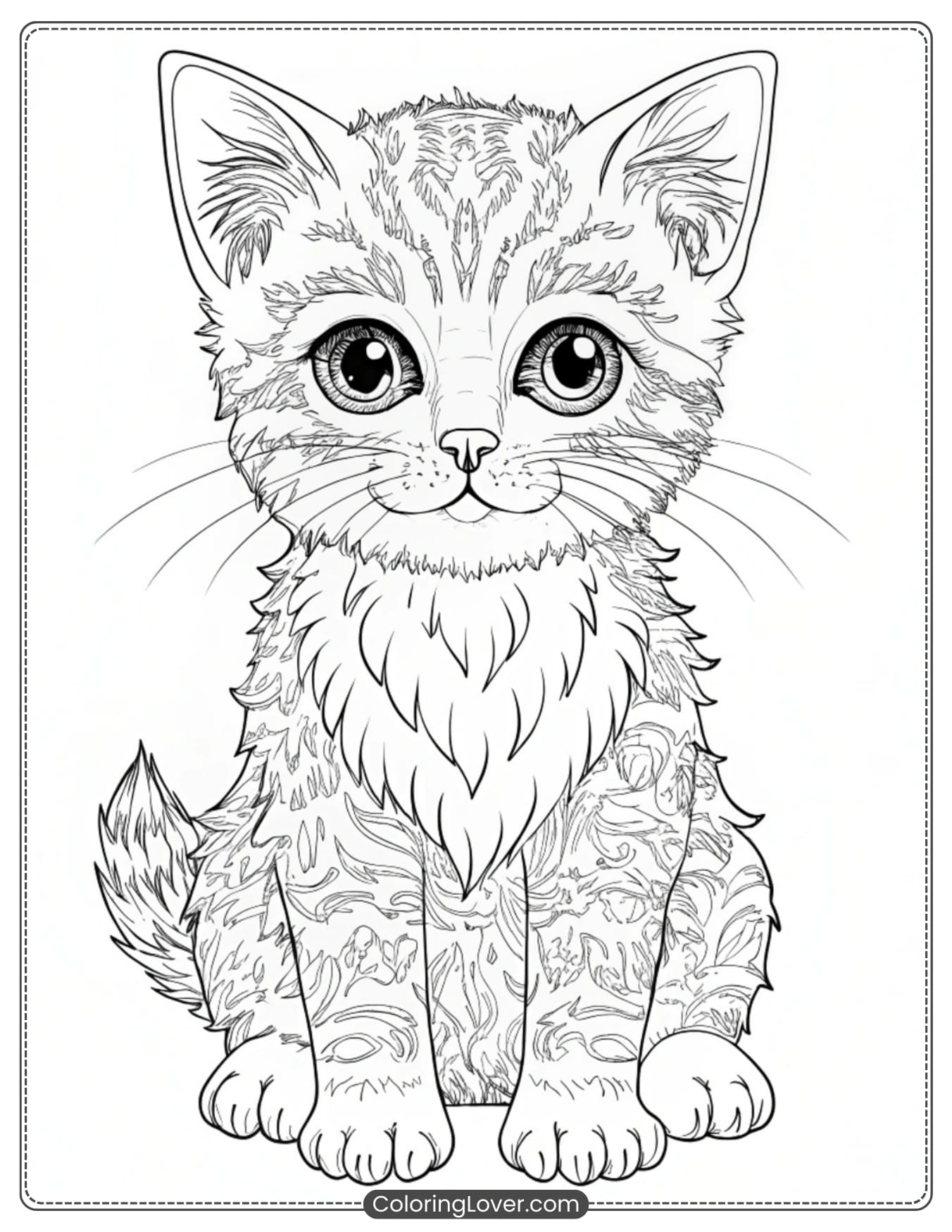 Fluffy kitten sitting coloring page for adult