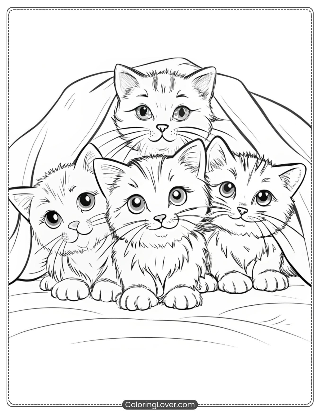 Four Kittens Under a Blanket Coloring Page