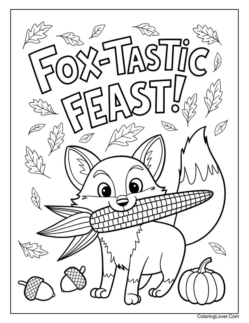 Fox holding corn with pumpkins coloring page