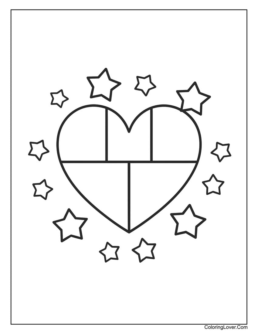 Geometric heart surrounded by stars coloring page