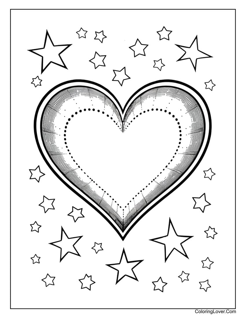 Heart with surrounding stars coloring page