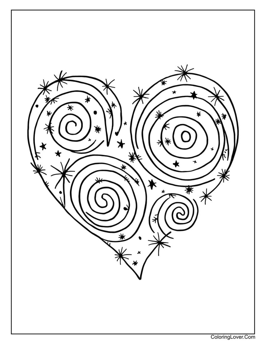 Heart with swirling spiral patterns and stars coloring page