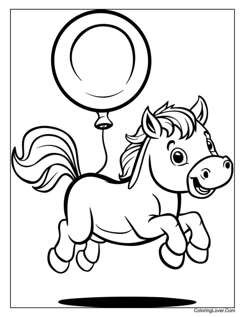 Horse floating with a balloon coloring page