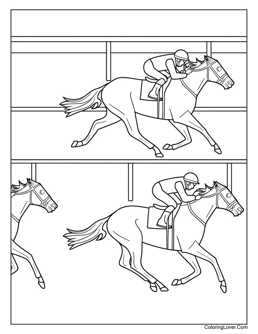 Horse racing with jockeys on a track coloring page