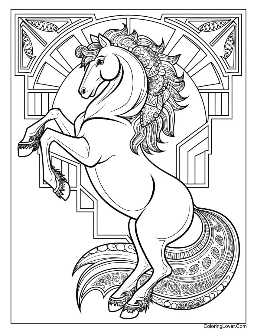 Horse rearing with geometric background coloring page