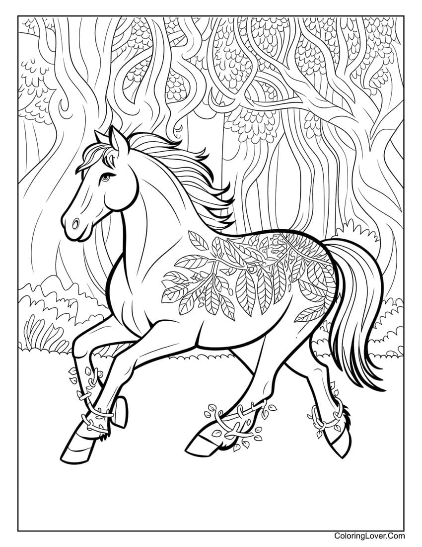 Horse with leaf patterns in forest