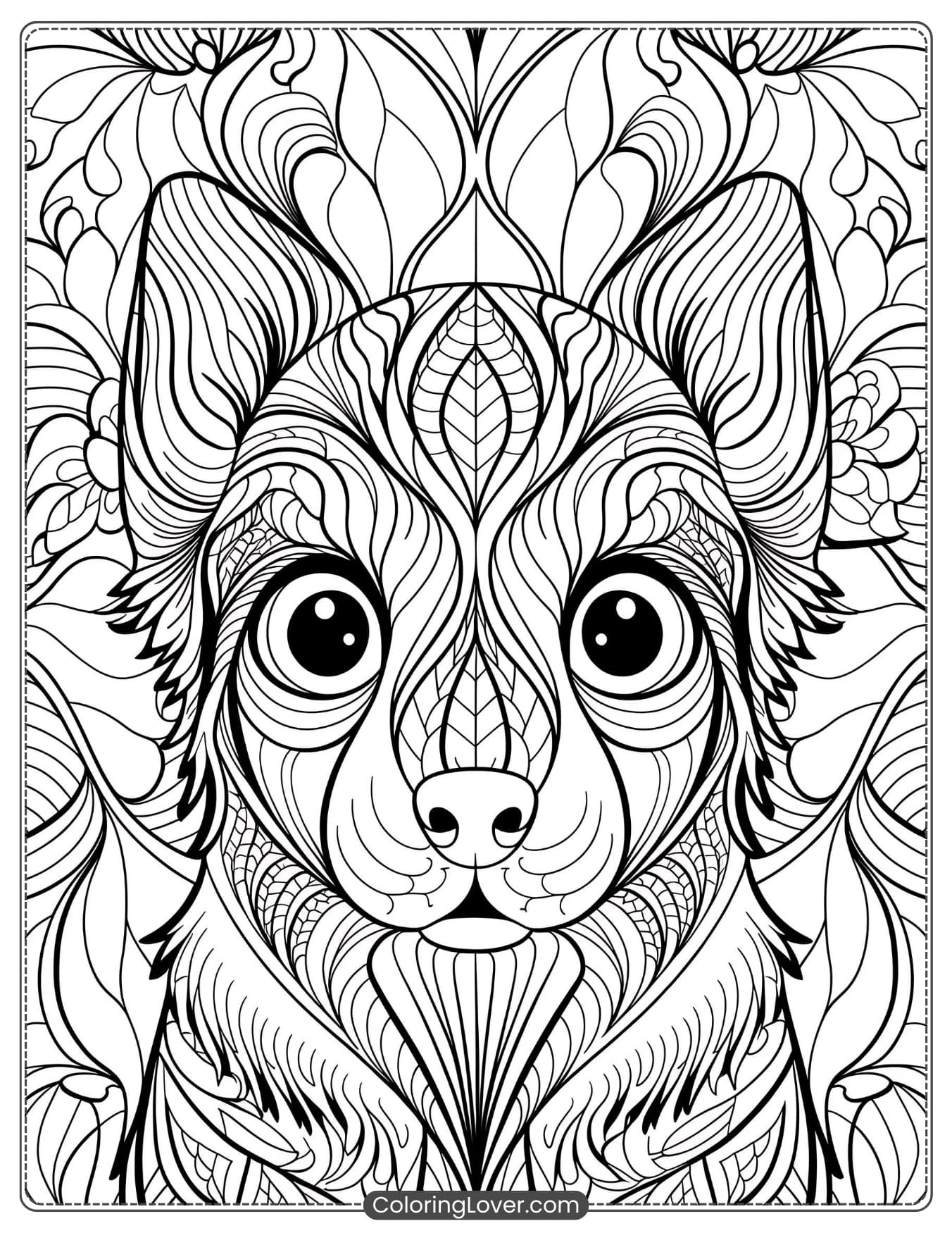 Intricate close-up of a puppy's face with decorative patterns for coloring