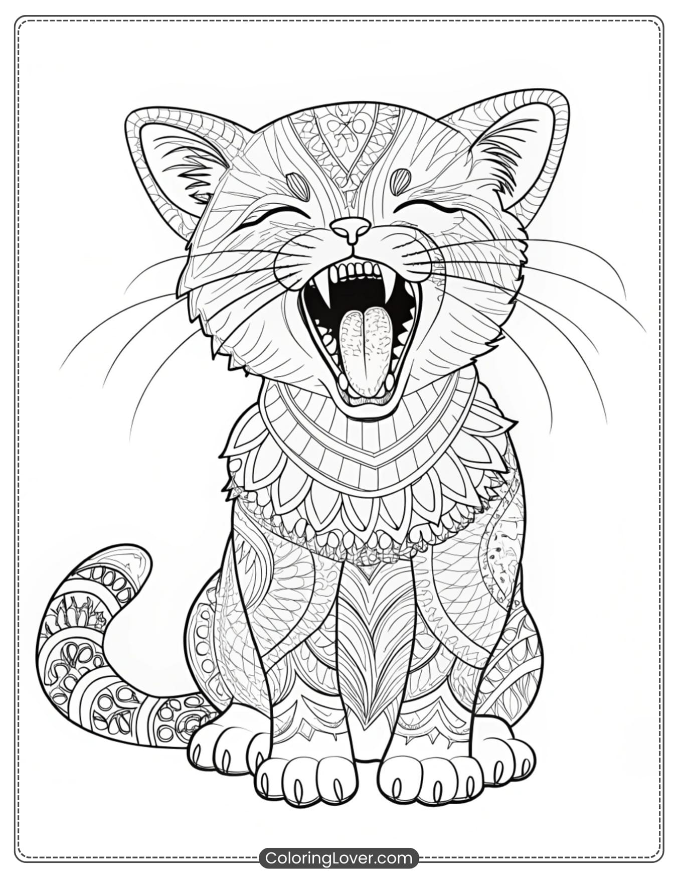 Intricate patterned yawning kitten for adult coloring sheet