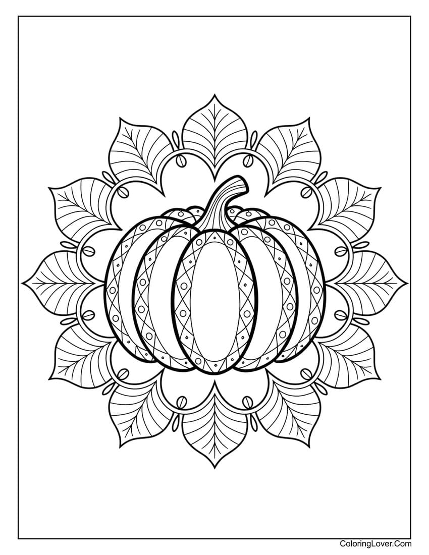 Intricate pumpkin with leaf mandala coloring page