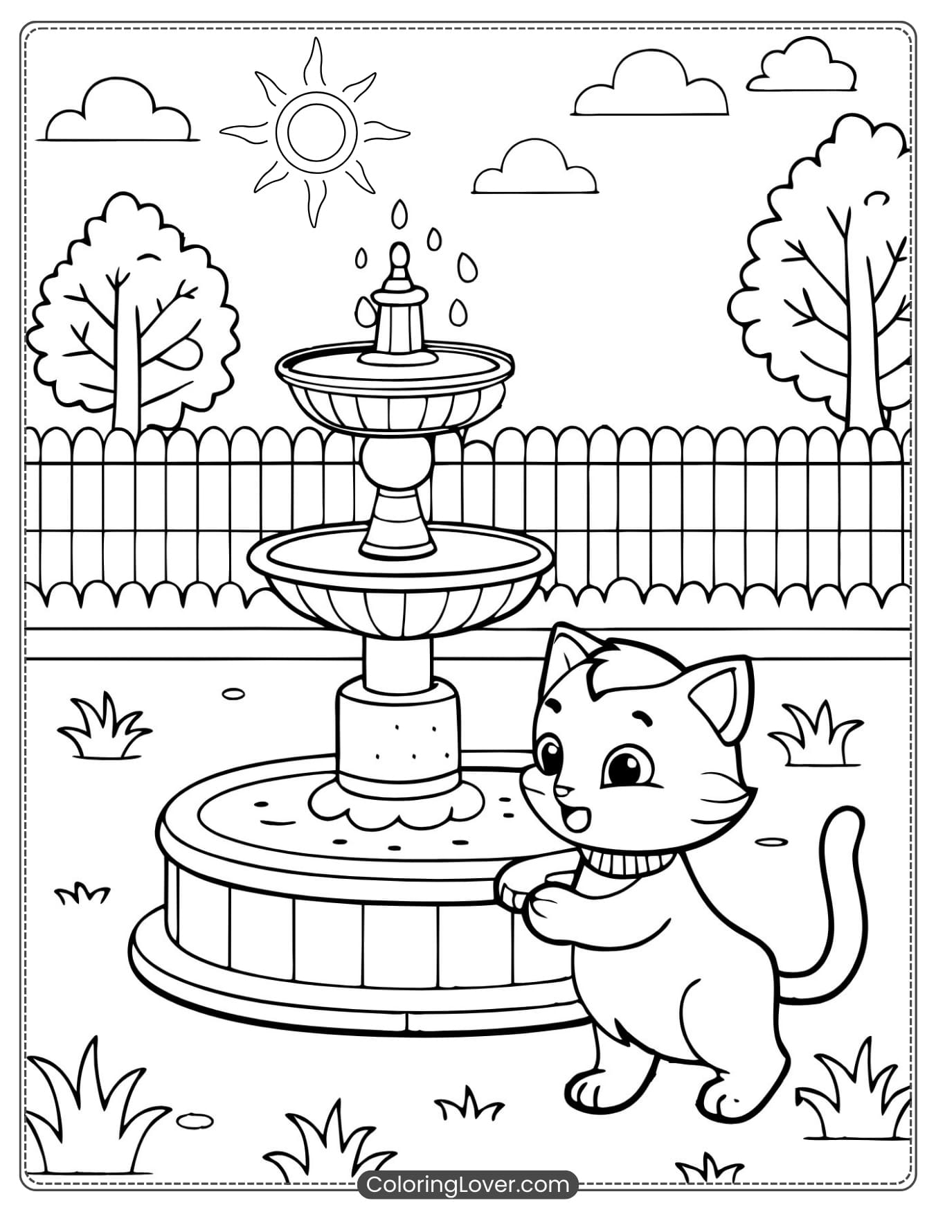 Kitten By the Fountain Coloring Page