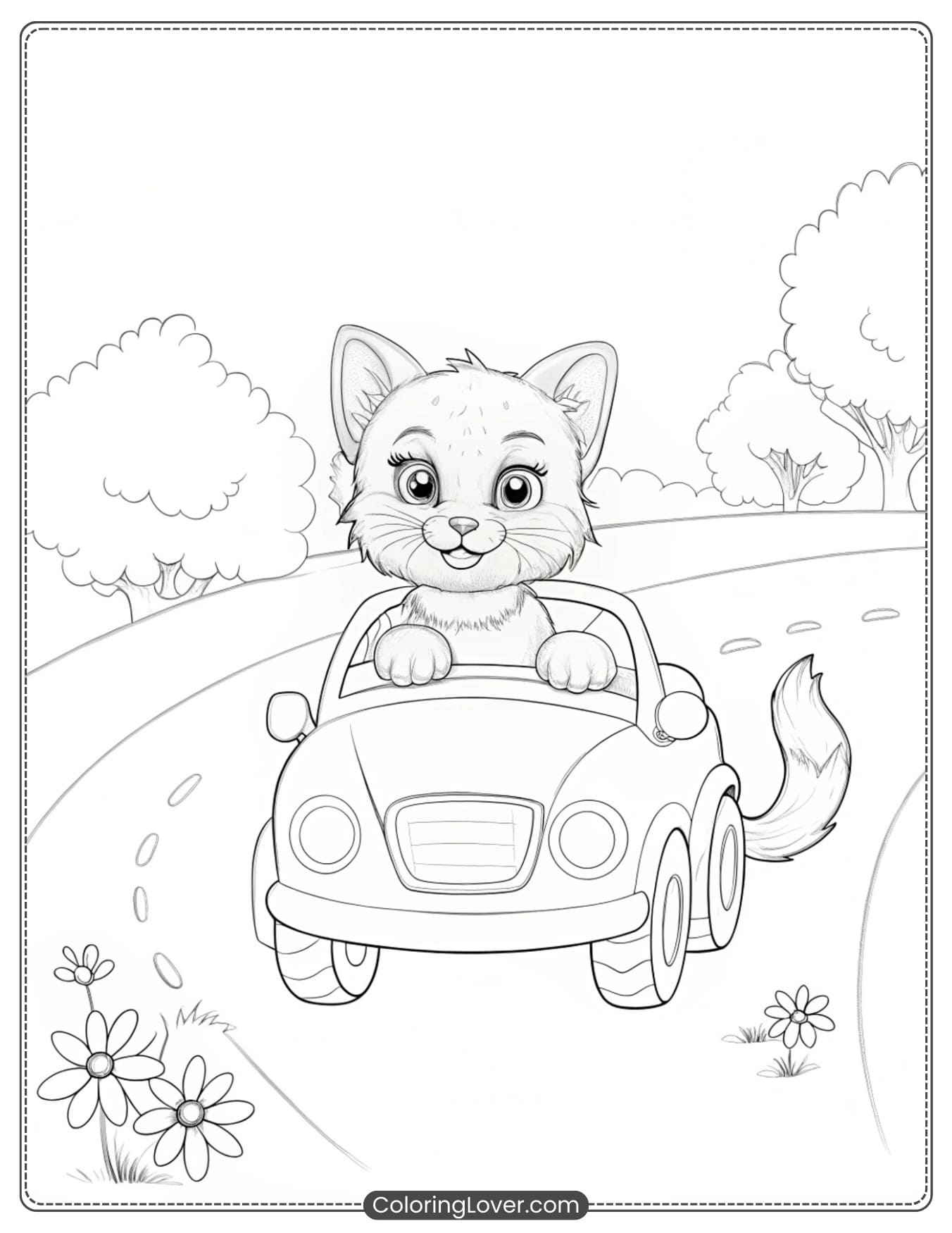 Kitten driving a car coloring page