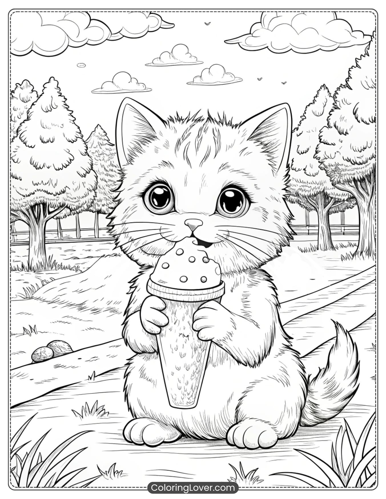 Kitten eating ice cream coloring sheet