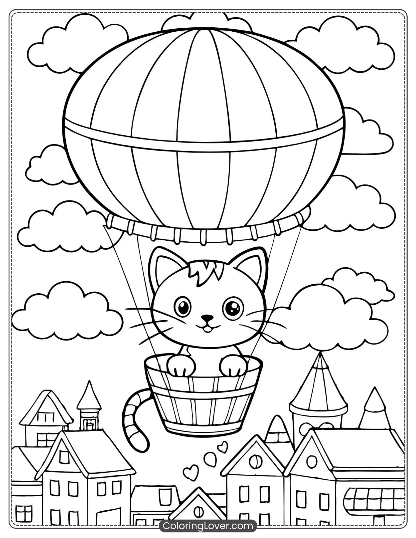 Kitten Flying in a Hot Air Balloon Over a City