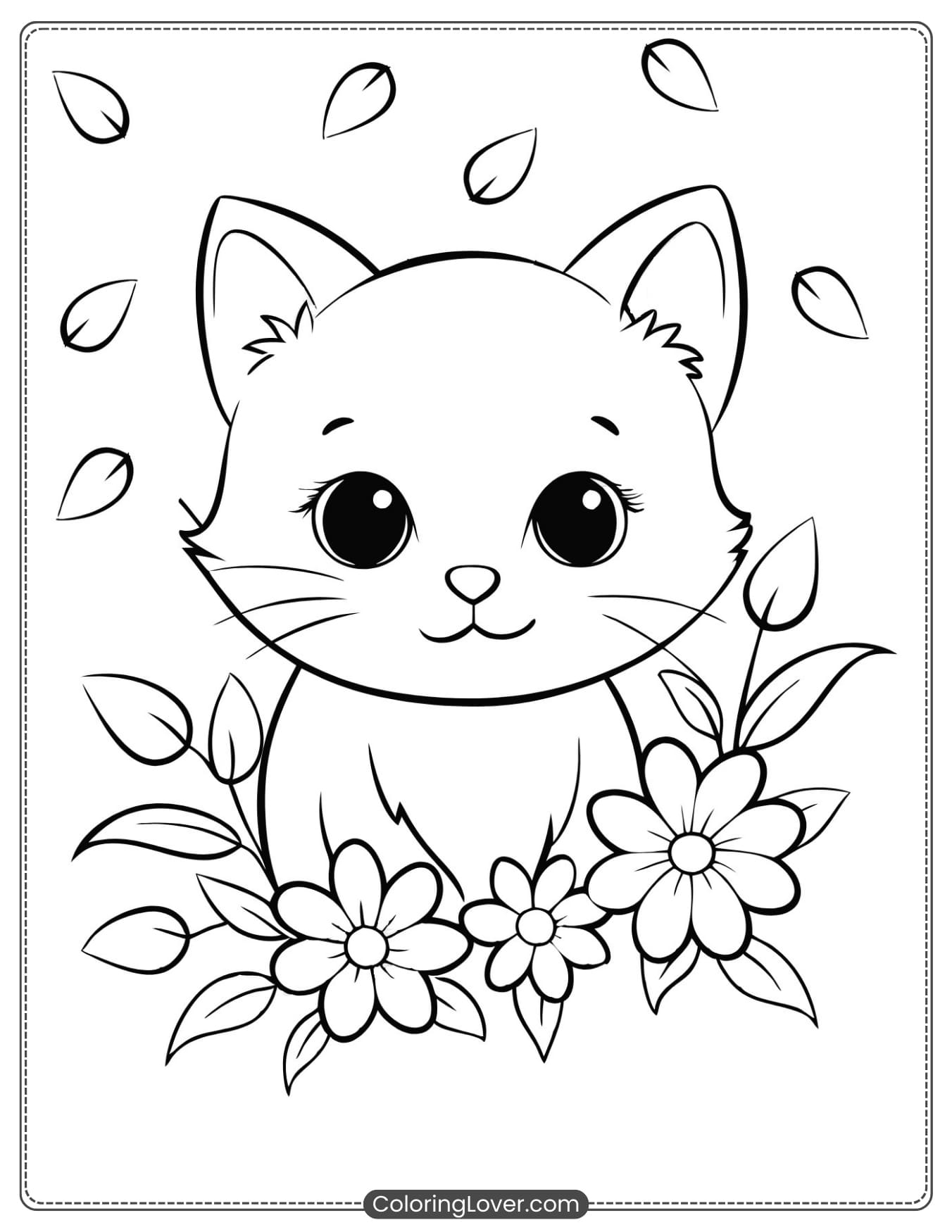 Kitten Hiding Among Flowers Coloring Sheet