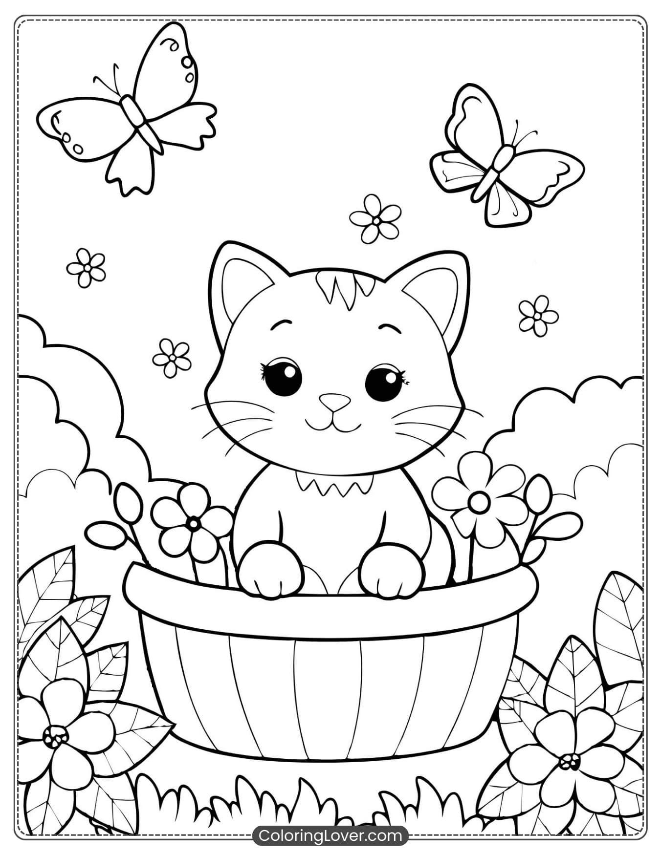 Kitten hiding in flower basket coloring page