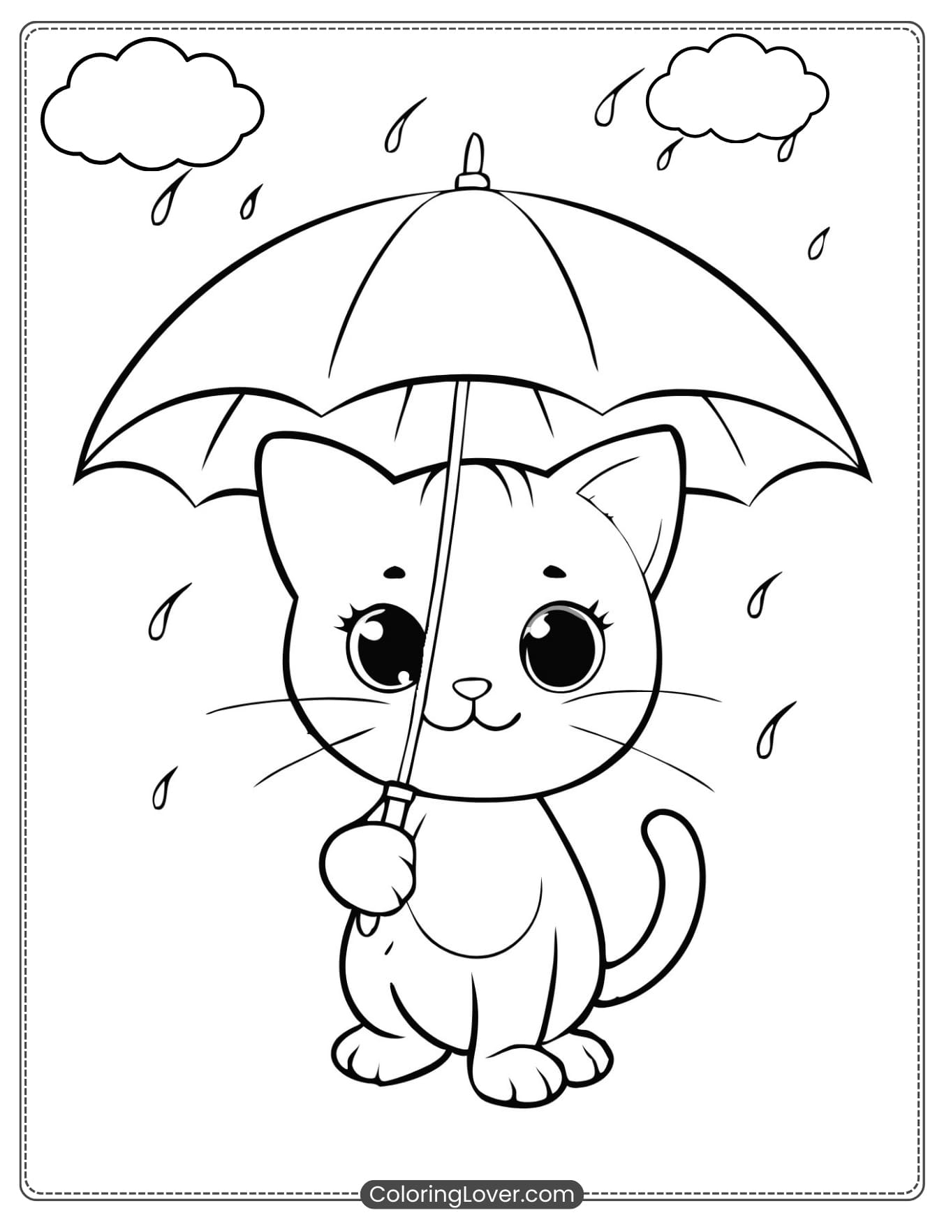 Kitten Holding an Umbrella in the Rain Coloring Page