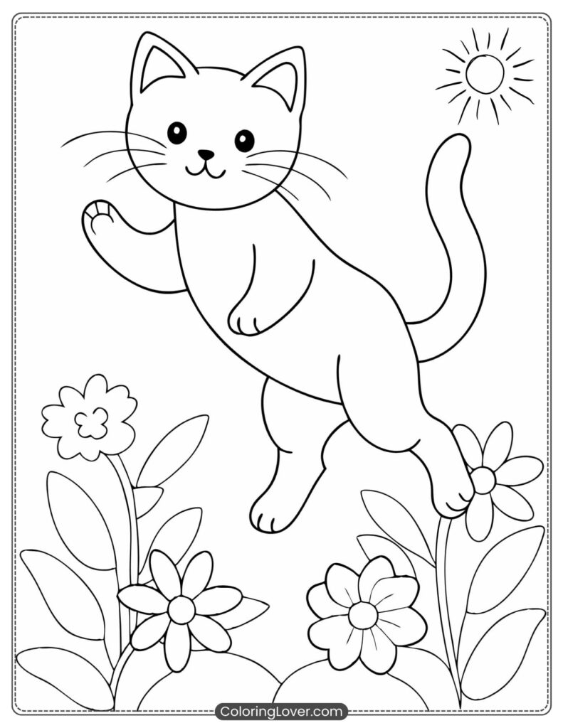 Kitten jumping among flowers coloring page