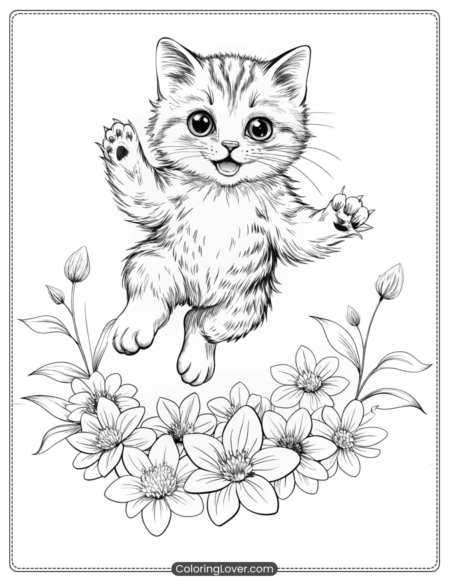 Kitten jumping over flowers.