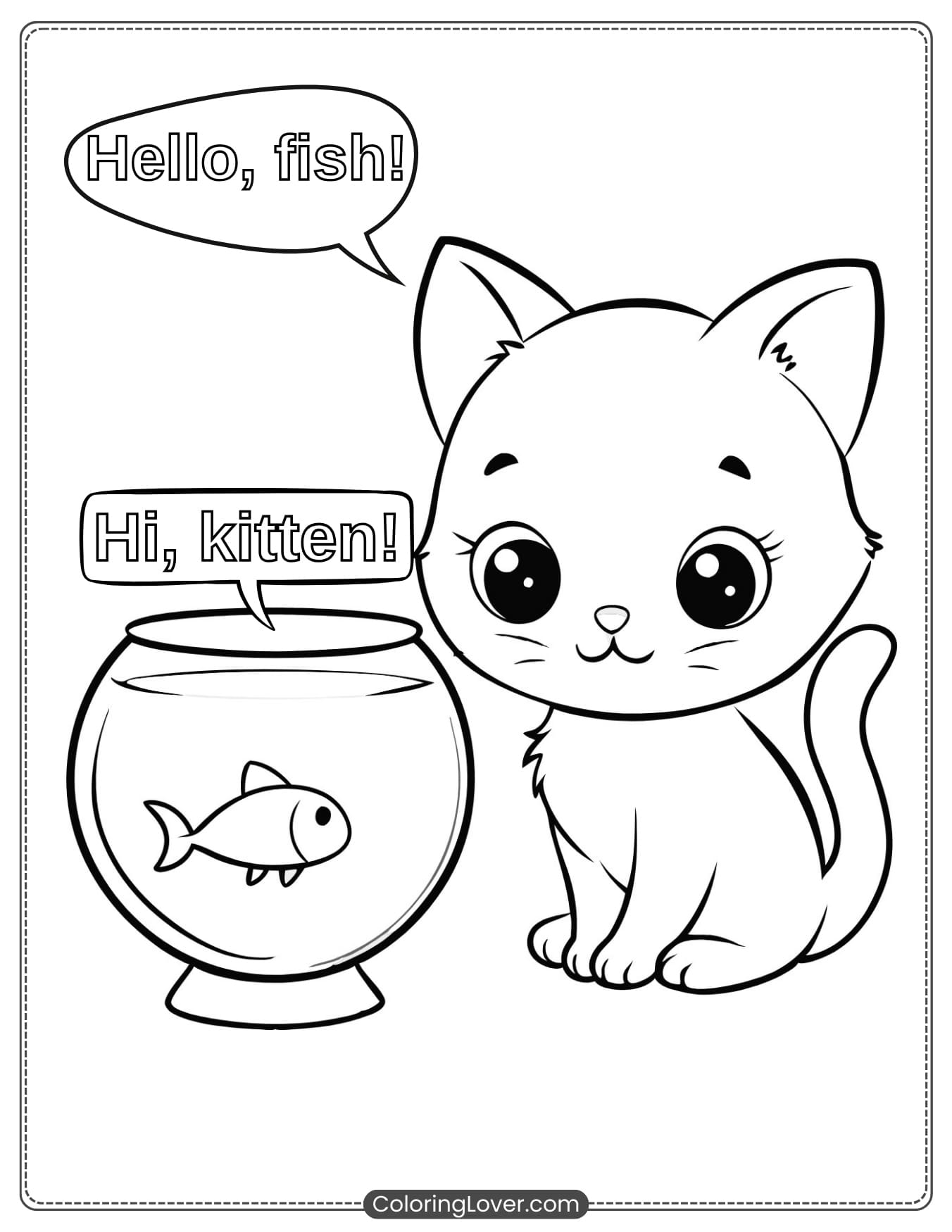 Kitten Looking at a Fish Bowl Coloring Page