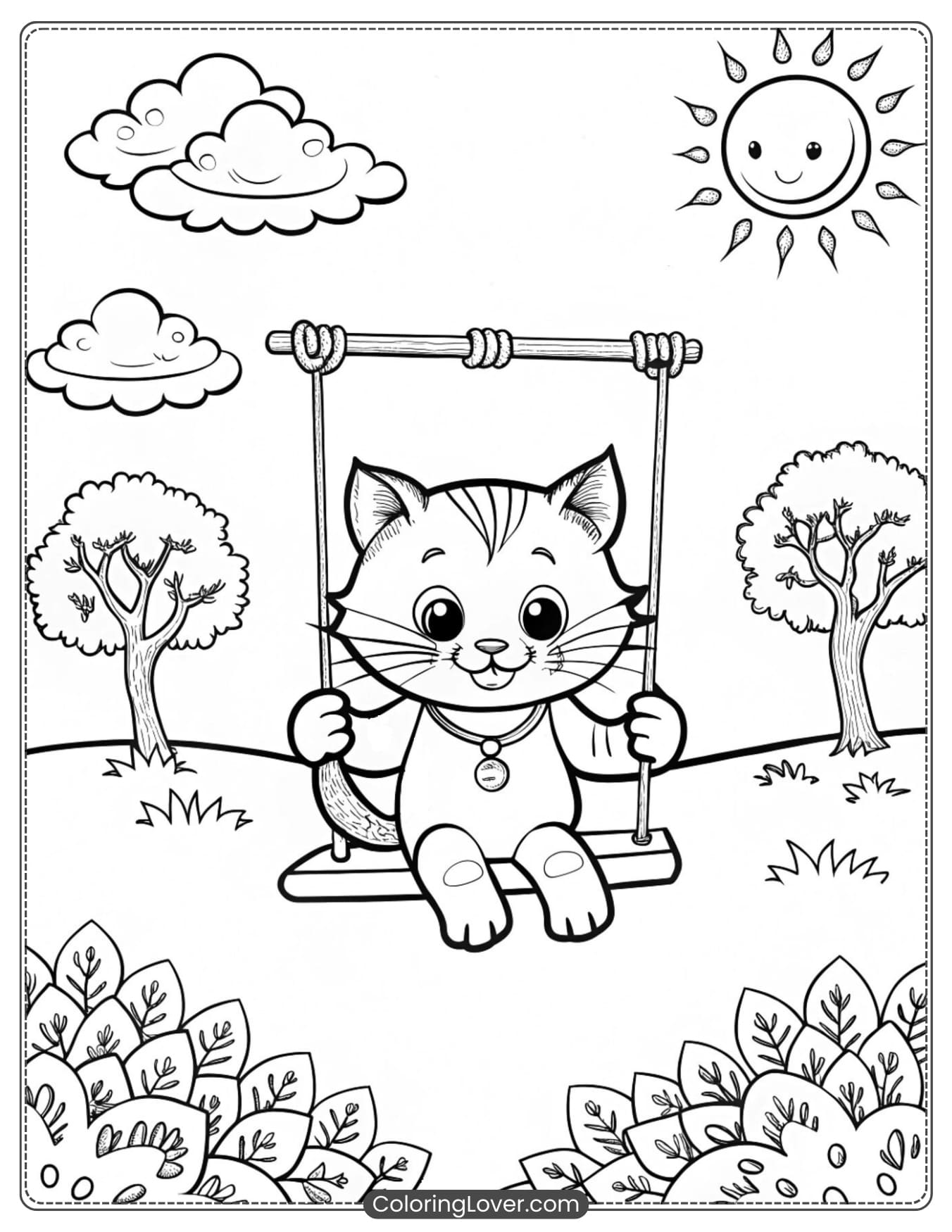 Kitten on a swing coloring page