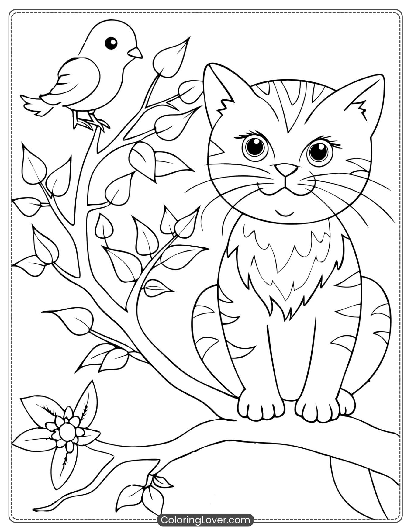 Kitten on a Tree Branch Coloring Sheet