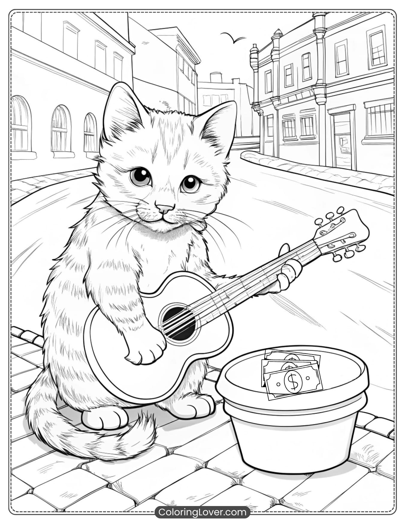 Kitten playing guitar on the street coloring page