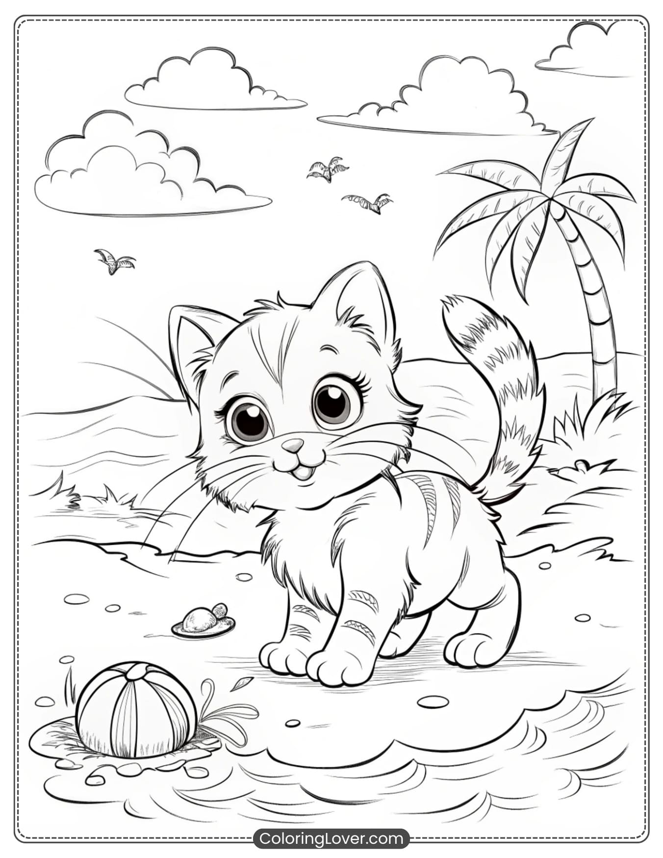 Kitten Playing with a Beach Ball Coloring Page