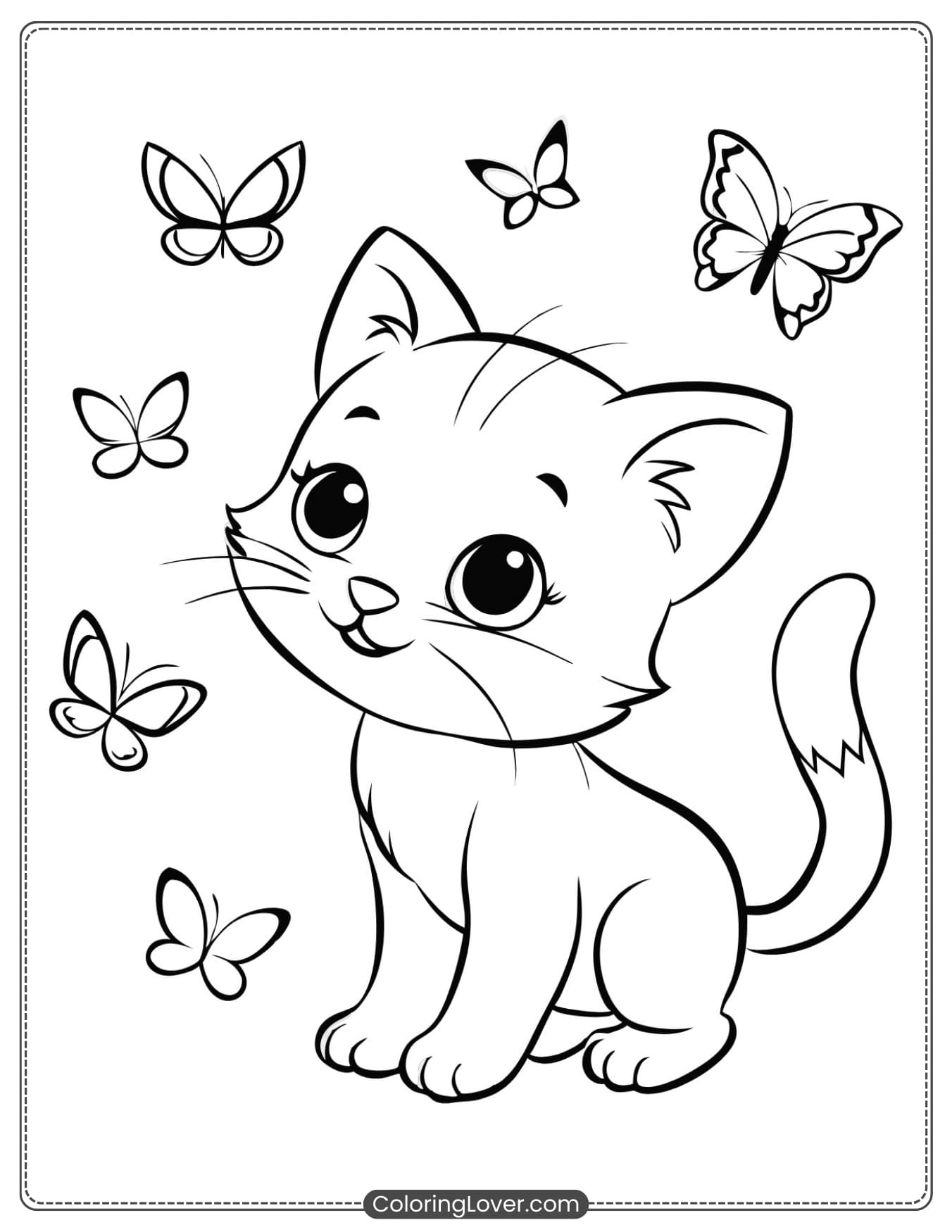 Kitten Playing with Butterflies Coloring Sheet