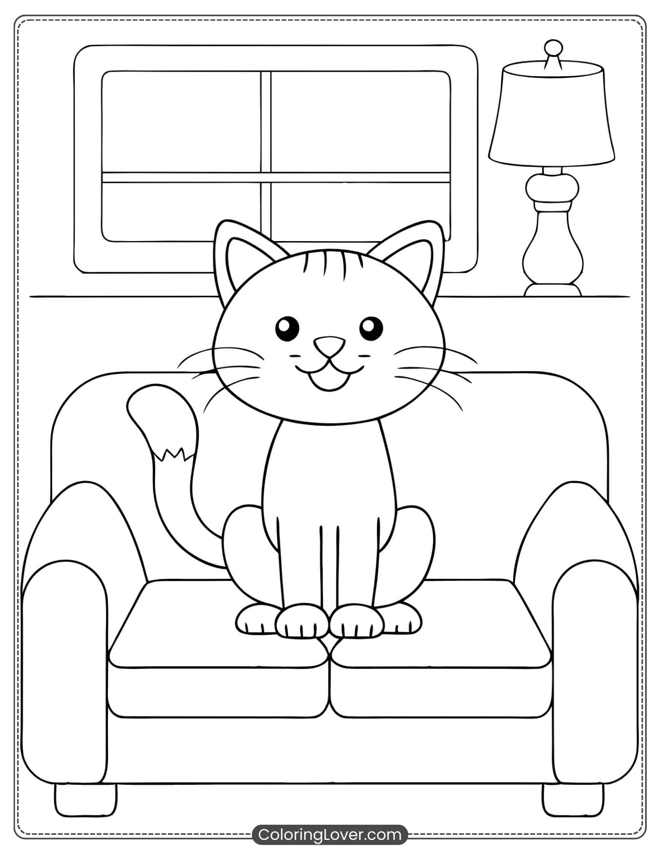 Kitten sitting on a couch coloring sheet