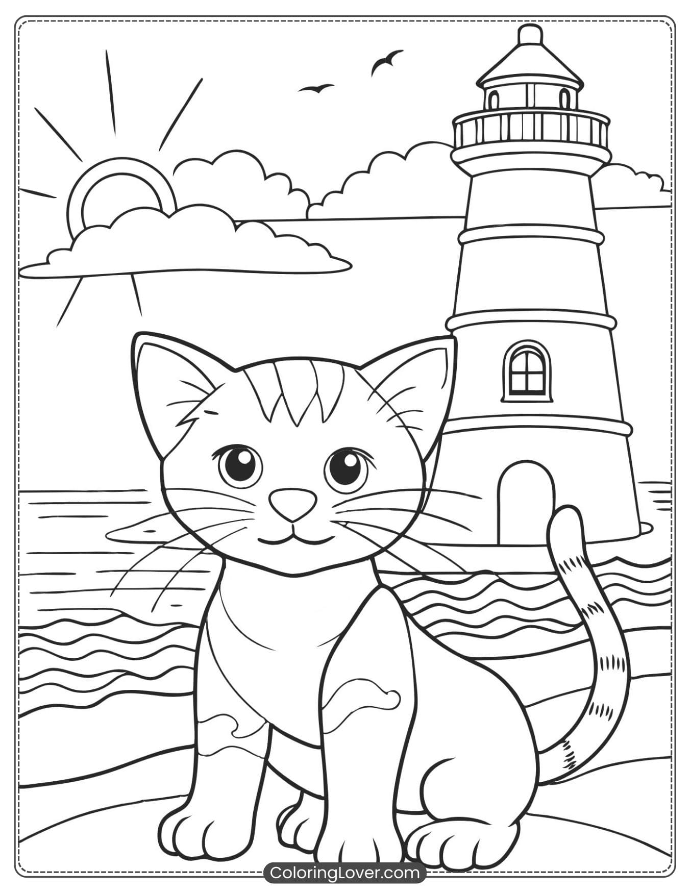 Kitten Standing on a Beach with a Lighthouse