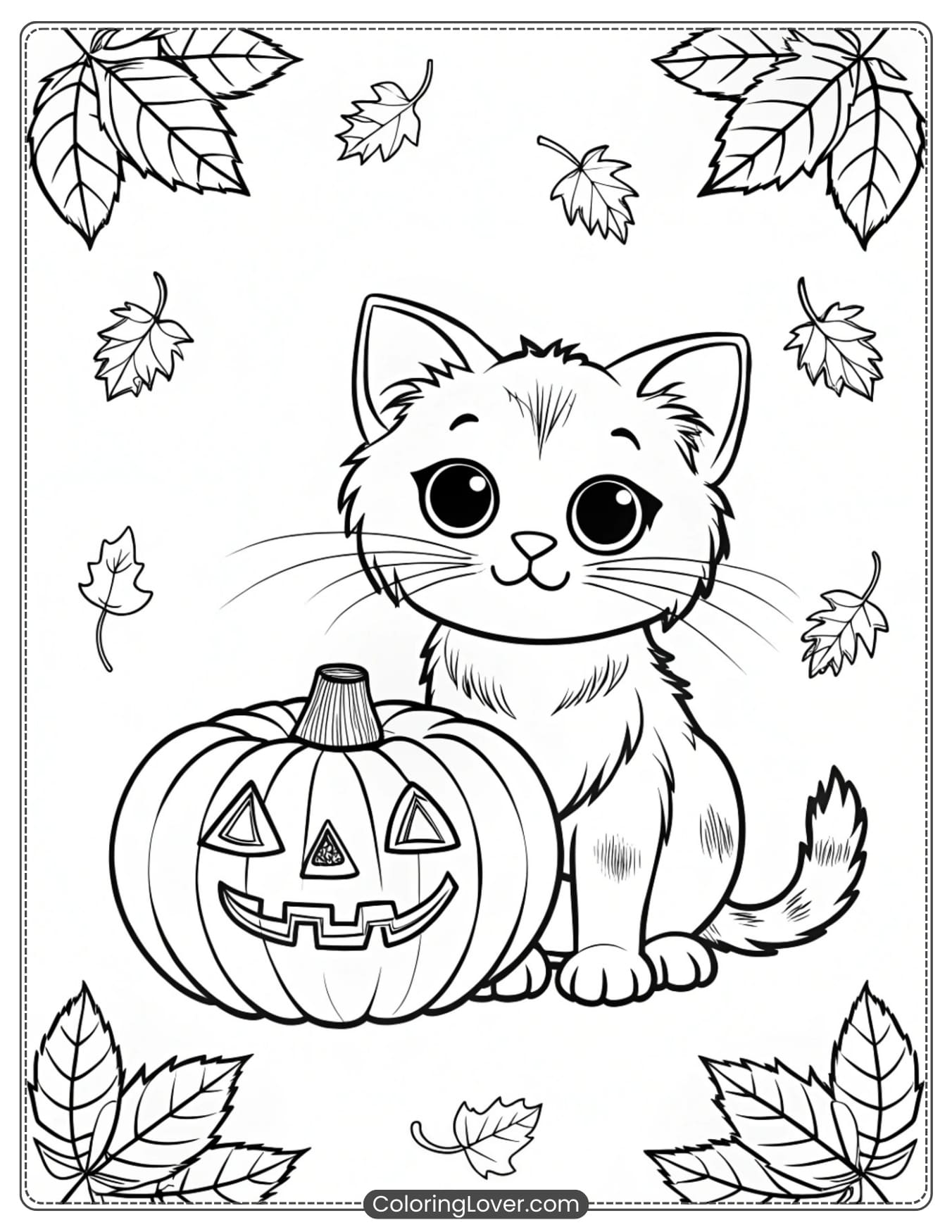 Kitten with a pumpkin coloring page