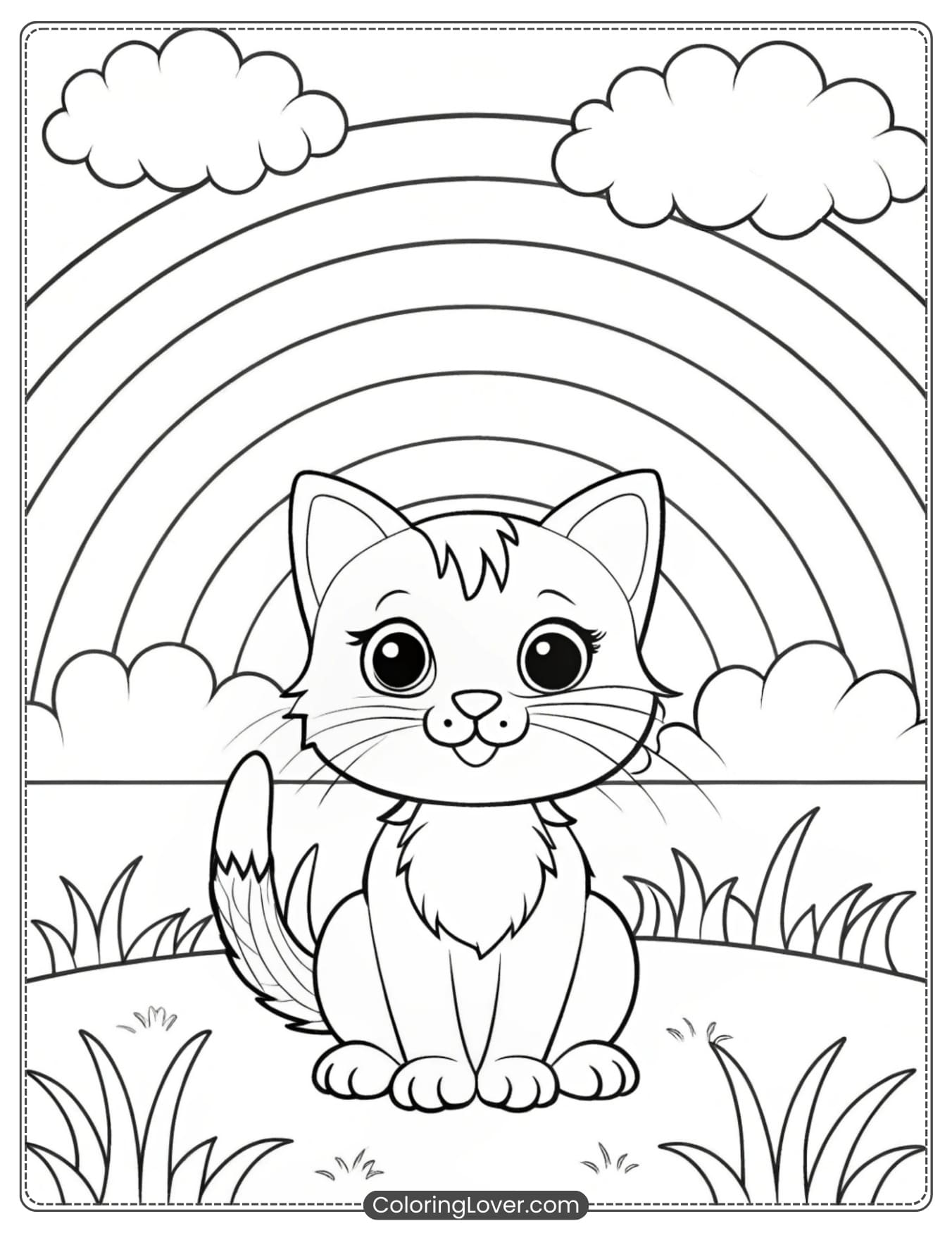 Kitten with a Rainbow Coloring Page