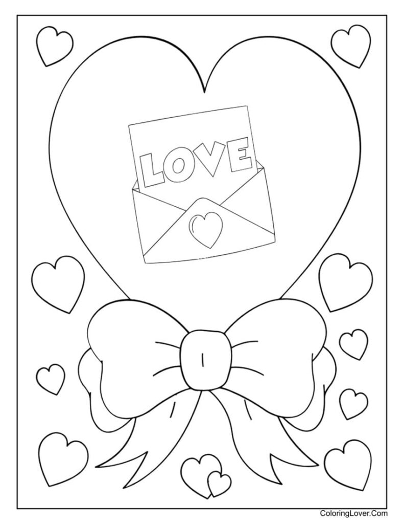 Love letter and hearts with bow coloring sheet