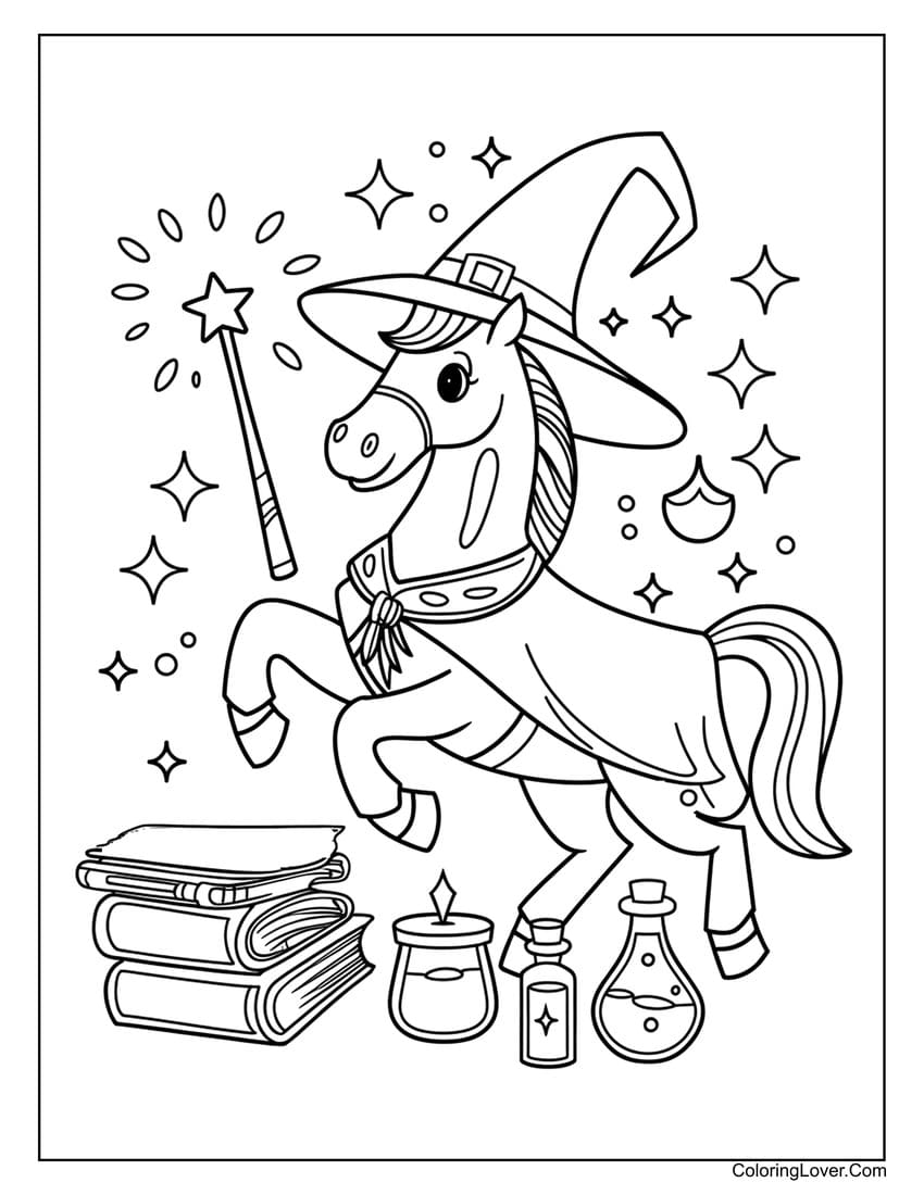 Magical horse casting spells coloring page